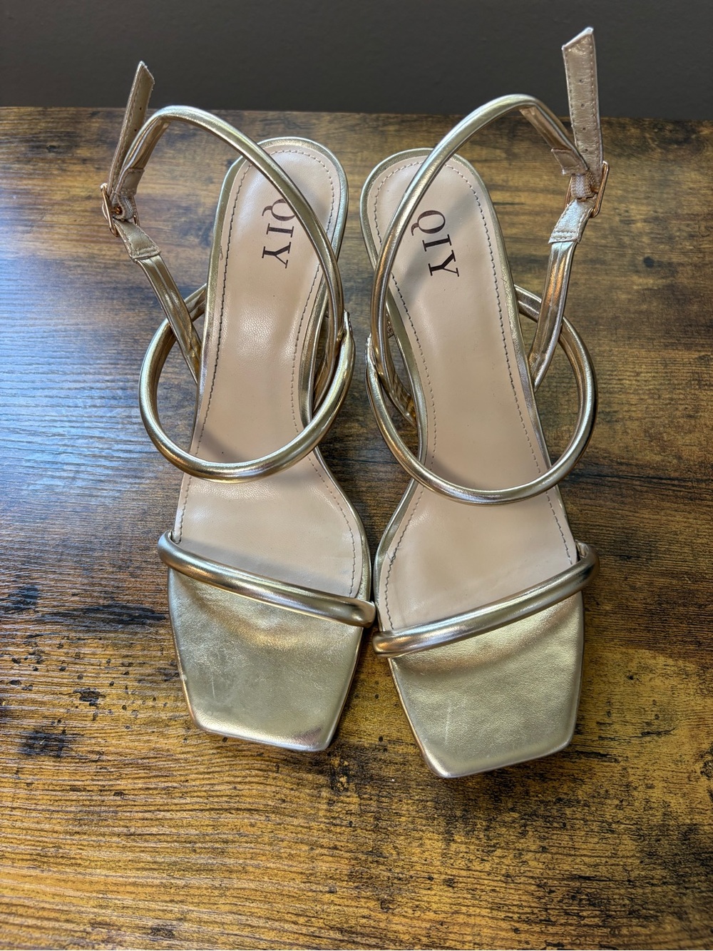 Qi Metallic Gold Strappy Square-Toe Heels